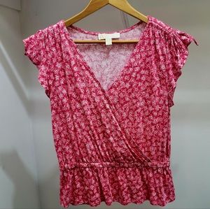 Michael Kors Women's Pink Floral Short Sleeve Top with Elastic Waist - Size M